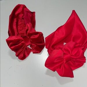 Two red wide stretch headbands w/bows, one regular, one velour-NWOT